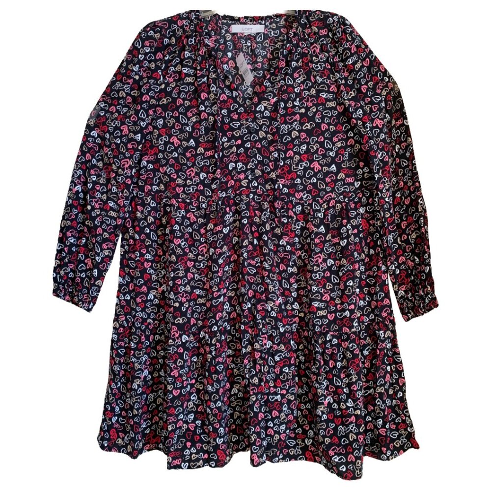 NWT LOFT Womens' Valentine's Heart Print Tie Neck Tiered Swing Mini Dress Size L - Picture 4 of 8